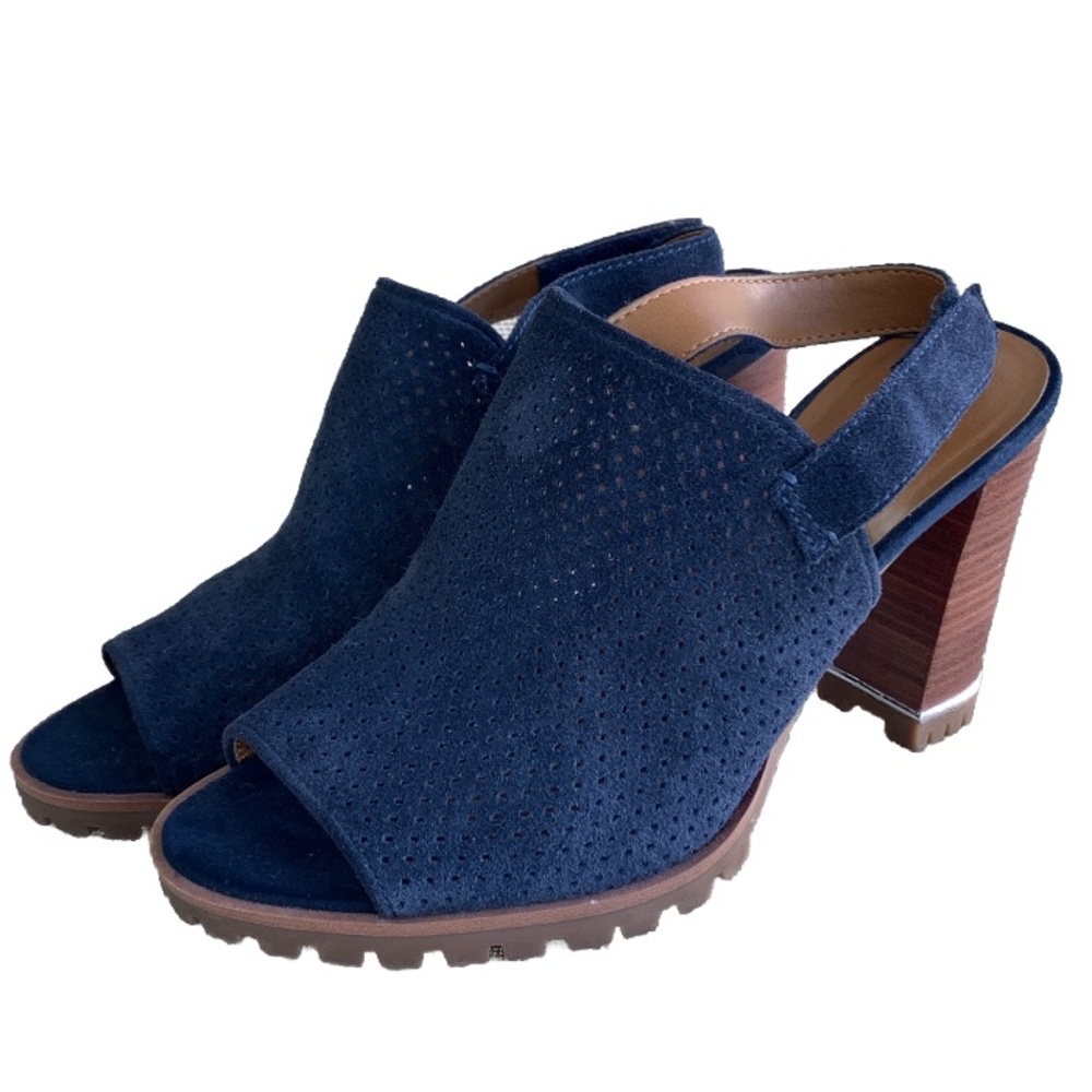 Franco Sarto Austin Navy Blue Suede Perforated Lug High Heel Sandals Size 9.5